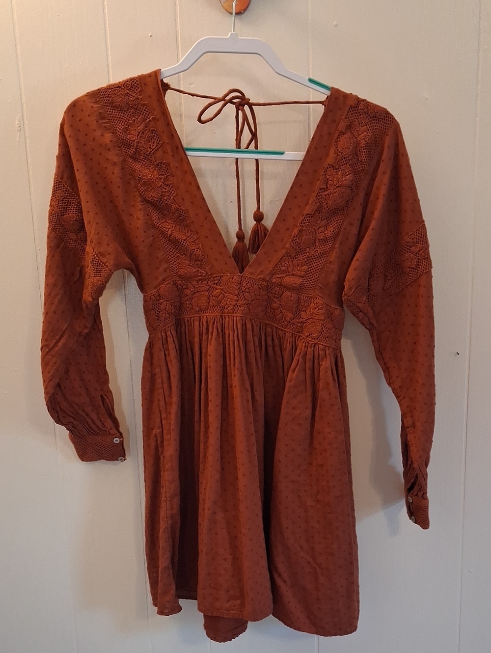 Free People Rust Orange Brown Embroidered V-Neck Open Back Peasant Dress
